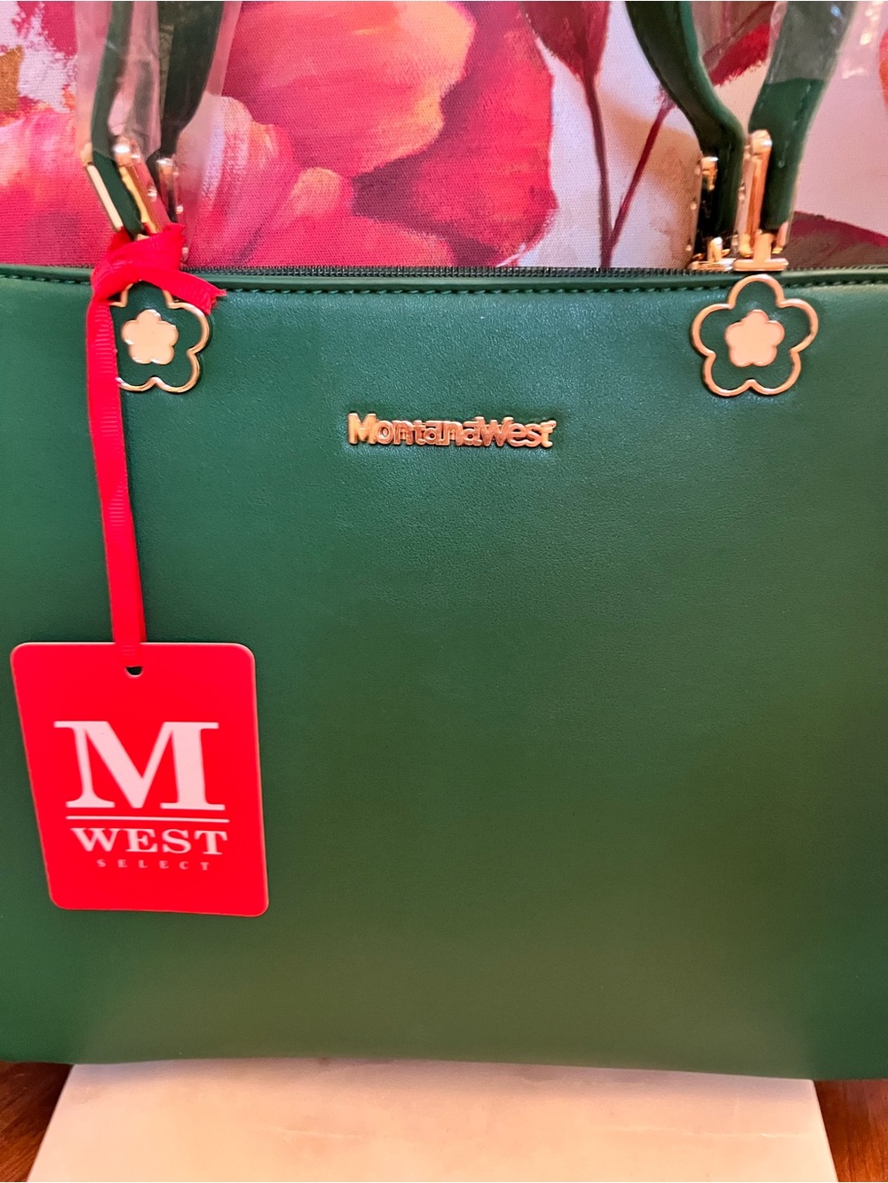 Montana West Emerald Green Tote with Top Handles & Flower Hardware (NWT) - Picture 4 of 12